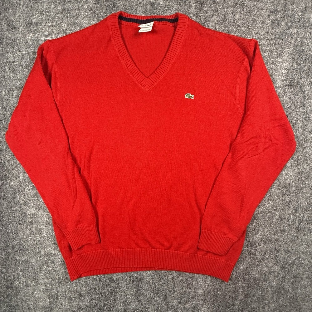 Lacoste Men's Red Solid Cotton V-Neck Pullover Sweater XL